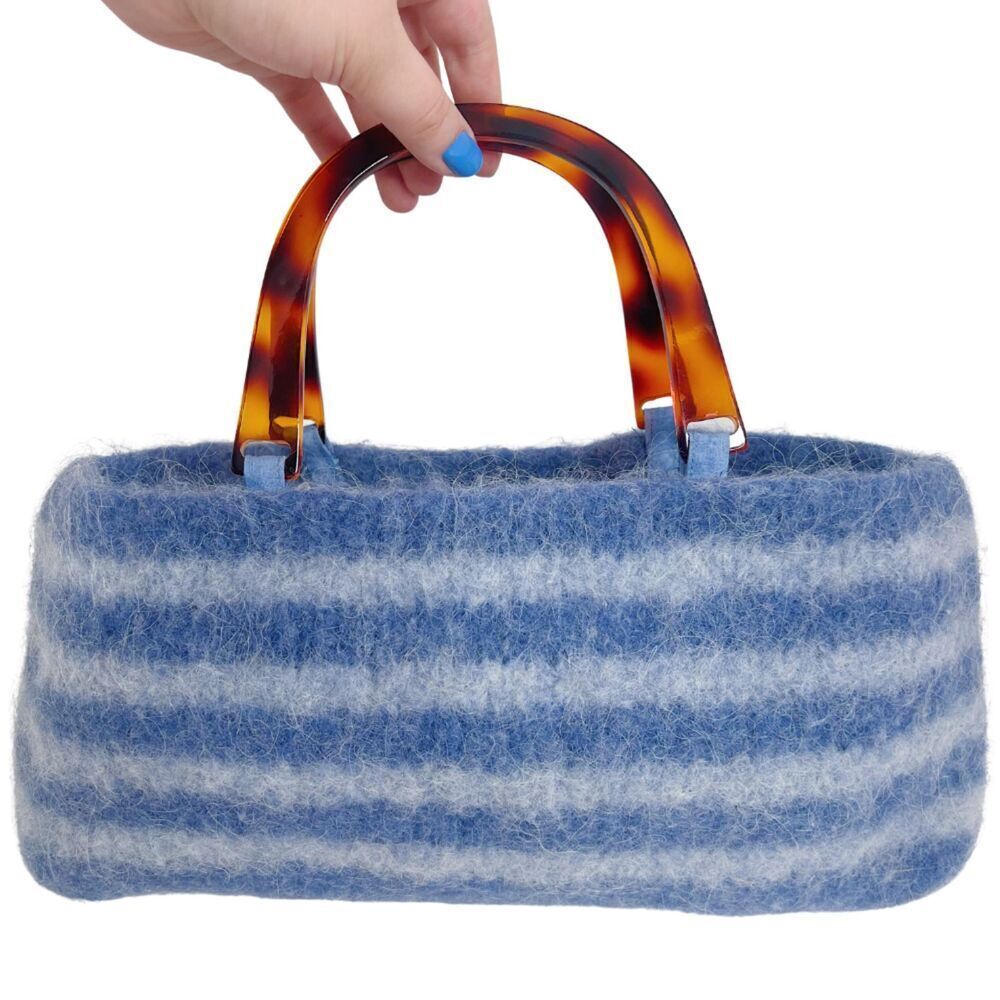 Handmade Lucite Wool Purse Blue Striped Handbag Tortoiseshell Handle y2k Felted